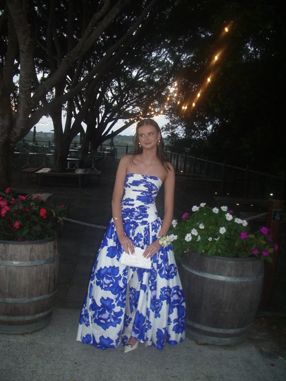 Charming Pink Strapless Satin Pleated Printed Floral Long Prom Dress Birthday Evening Dress D4783