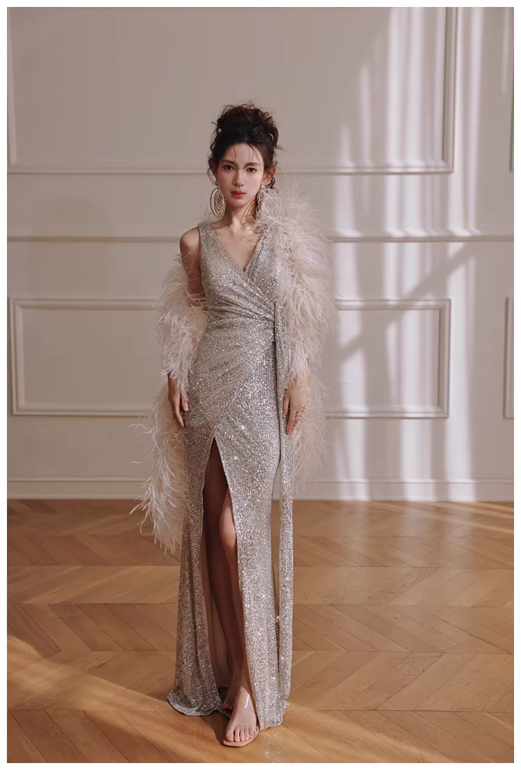 Glitter V Neck Silver Sequin Slit Mermaid Long Evening Dress Birthday Dress D2420