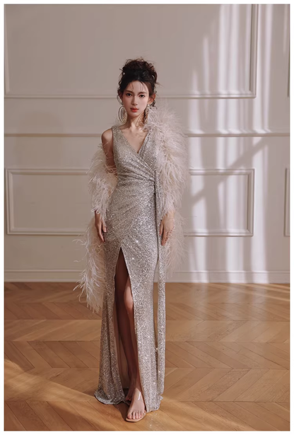 Glitter V Neck Silver Sequin Slit Mermaid Long Evening Dress Birthday Dress D2420