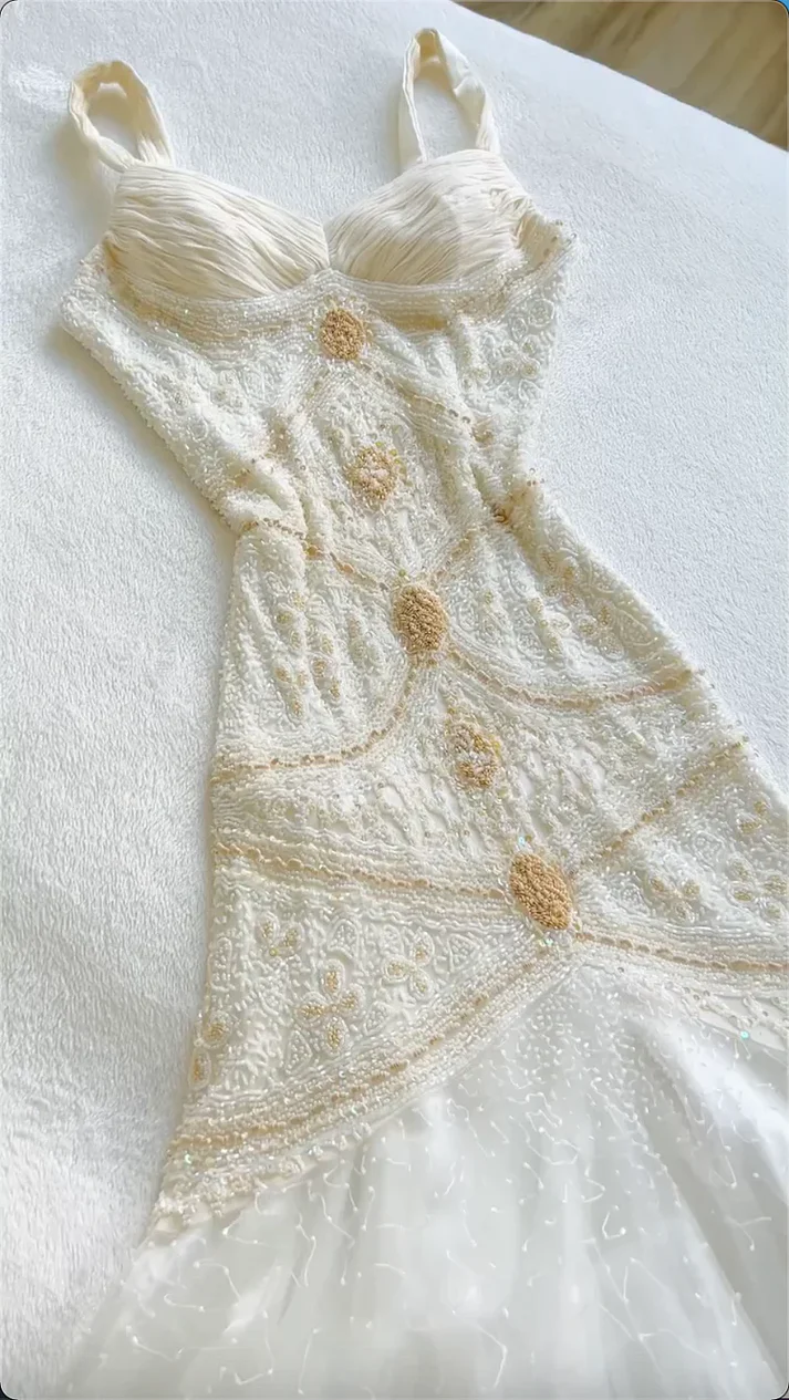 Vintage Navy Blue Spaghetti Straps Tulle Beaded Mermaid Long Evening Dress Party Gown D1482