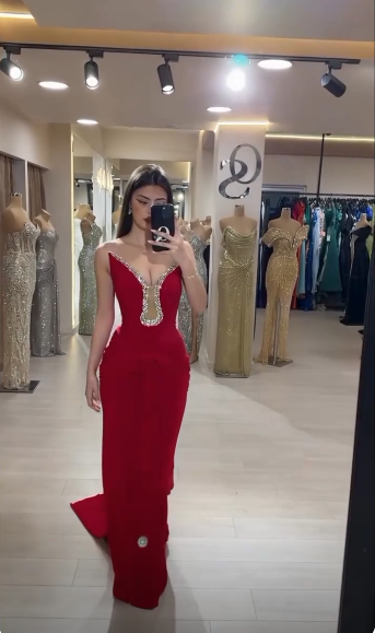 Sparkly Strapless V Neck Satin Chiffon Beaded Evening Dress Red Mermaid Prom Dress D5153
