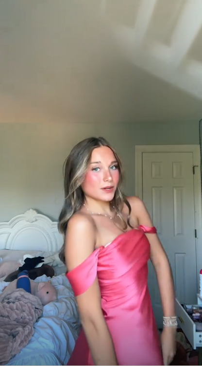 Elegant Off The Shoulder Satin Short Prom Dress,Watermelon Pink Mini Homecoming Dress D3458
