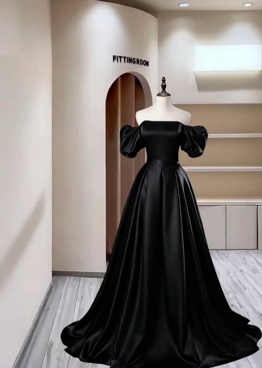 Fashion Black Ball Gown Off The Shoulder Satin Long Party Dress Evening Gown D2387