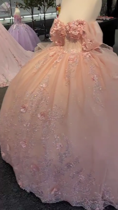 Charming Pink Off The Shoulder Tulle Sequin Appliques Princess Quinceanera Dress Sweet 17 Dress D1633