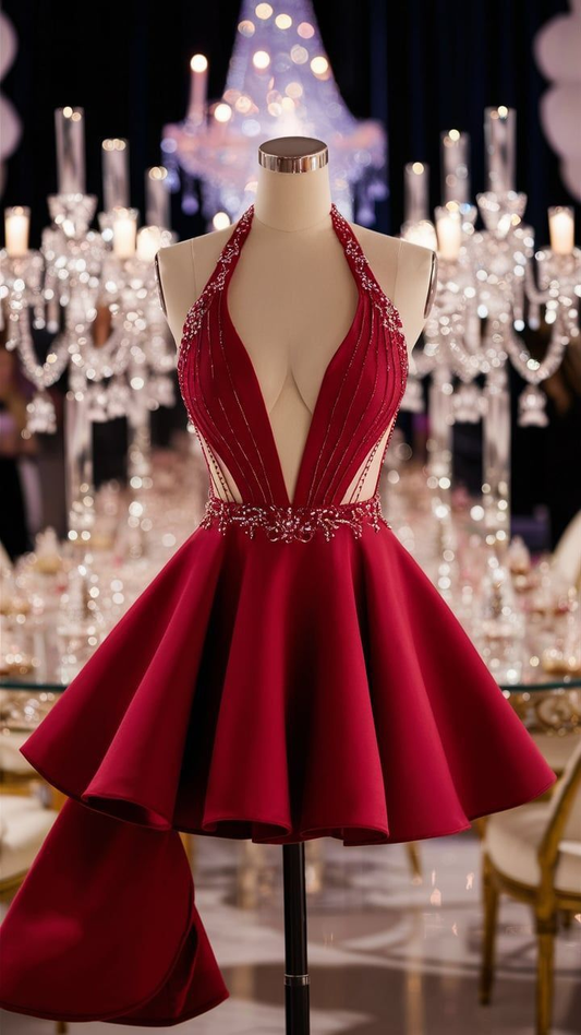 Pretty Halter Satin Beaded Red A Line Short Party Dress Formal Graduation Homecoming Dress D622
