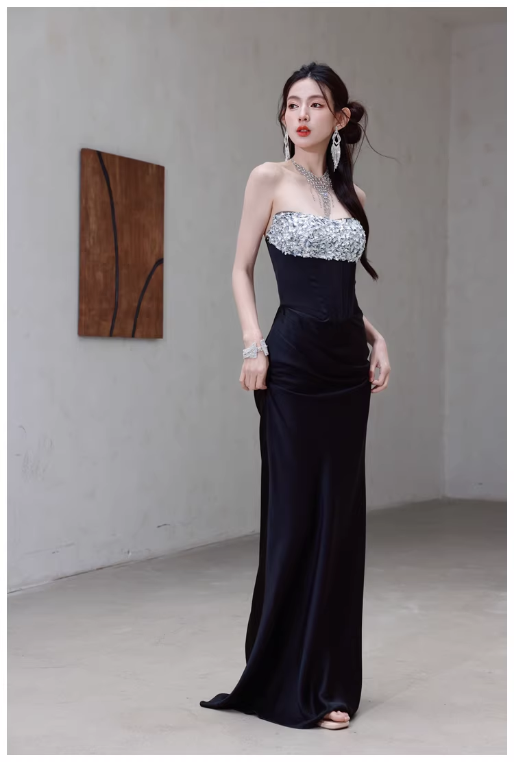 Fashion Black Strapless Satin Sequin Beaded Mermaid Evening Dress Long Wedding Guest Dress D2453