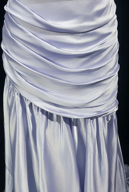 Pretty Lilac Satin Pleated Beaded Mermaid Evening Dress,Spaghetti Straps Long Prom Gown D3119