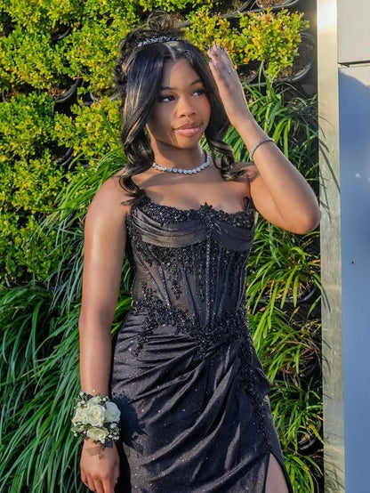 Elegant Strapless Satin Appliques Beaded Long Party Dress Black Slit Mermaid Evening Dress D5296