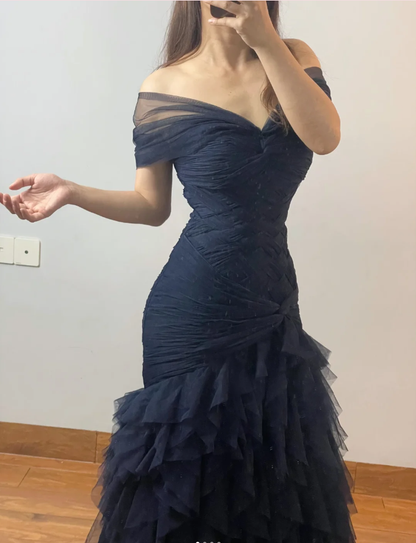 Elegant Navy Blue Tulle Pleated Layered Mermaid Evening Dress Off The Shoulder Long Weding Guest Dress Prom Gown D2029