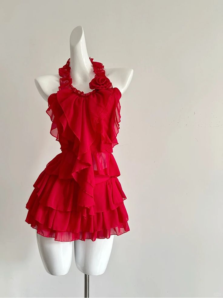 Beautiful Red Halter Chiffon Ruffle Formal Birthday Dress Short Vacation Dress  D435