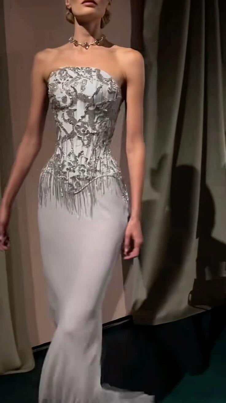Elegant Strapless Silver Grey Chiffon Beaded Tassel Mermaid Prom Dress Long Evening Dress D5177