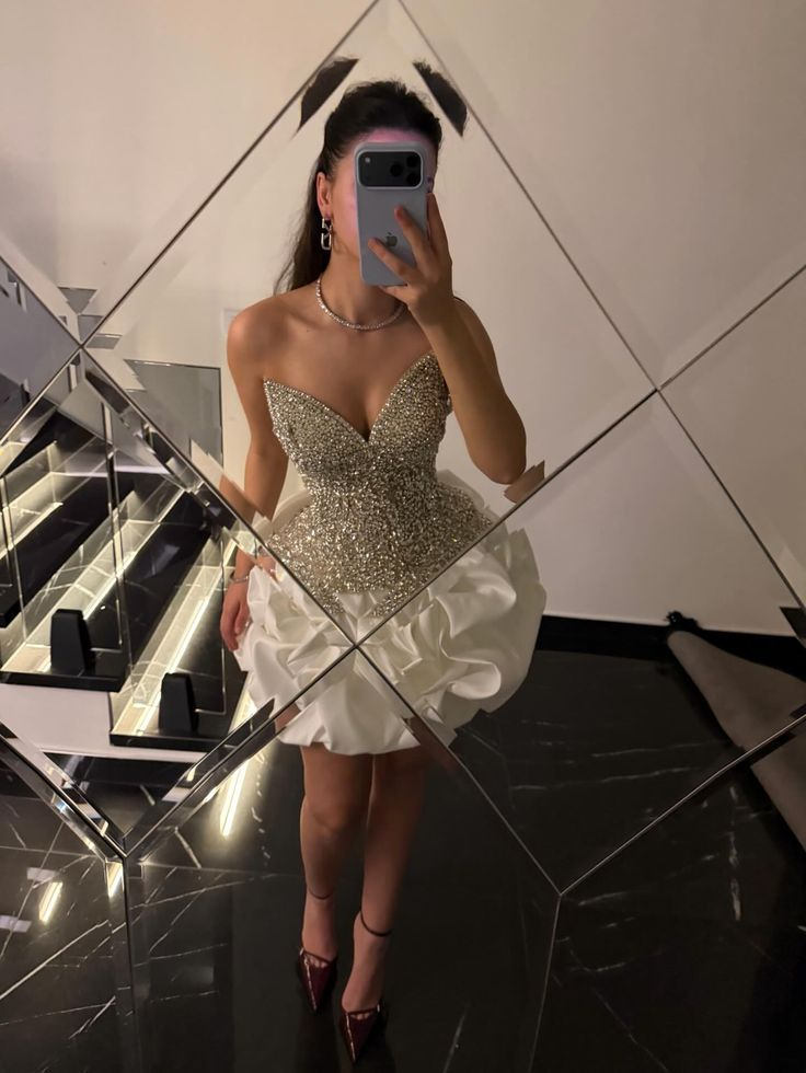 Sexy White strapless Satin Pleated Beaded A Line Short Cocktail Dress,Formal Graduation Homecoming Dress D3690