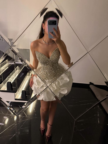 Sexy White strapless Satin Pleated Beaded A Line Short Cocktail Dress,Formal Graduation Homecoming Dress D3690