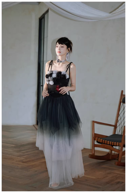 Elegant Spaghetti Straps Ombre Black Tulle Layered A Line Long Party Dress Evening Dress D2416
