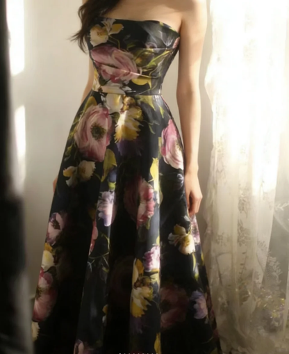 Pretty Strapless Satin Rose Print Floral Long Birthday Party Dress Evening Gown D2205