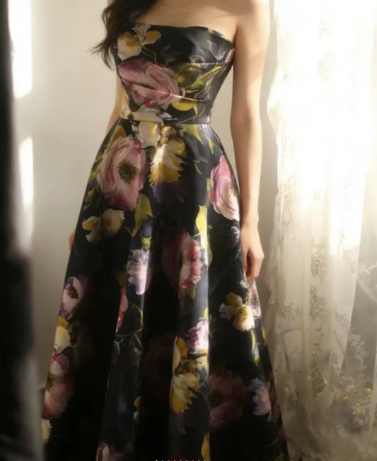 Pretty Strapless Satin Rose Print Floral Long Birthday Party Dress Evening Gown D2205