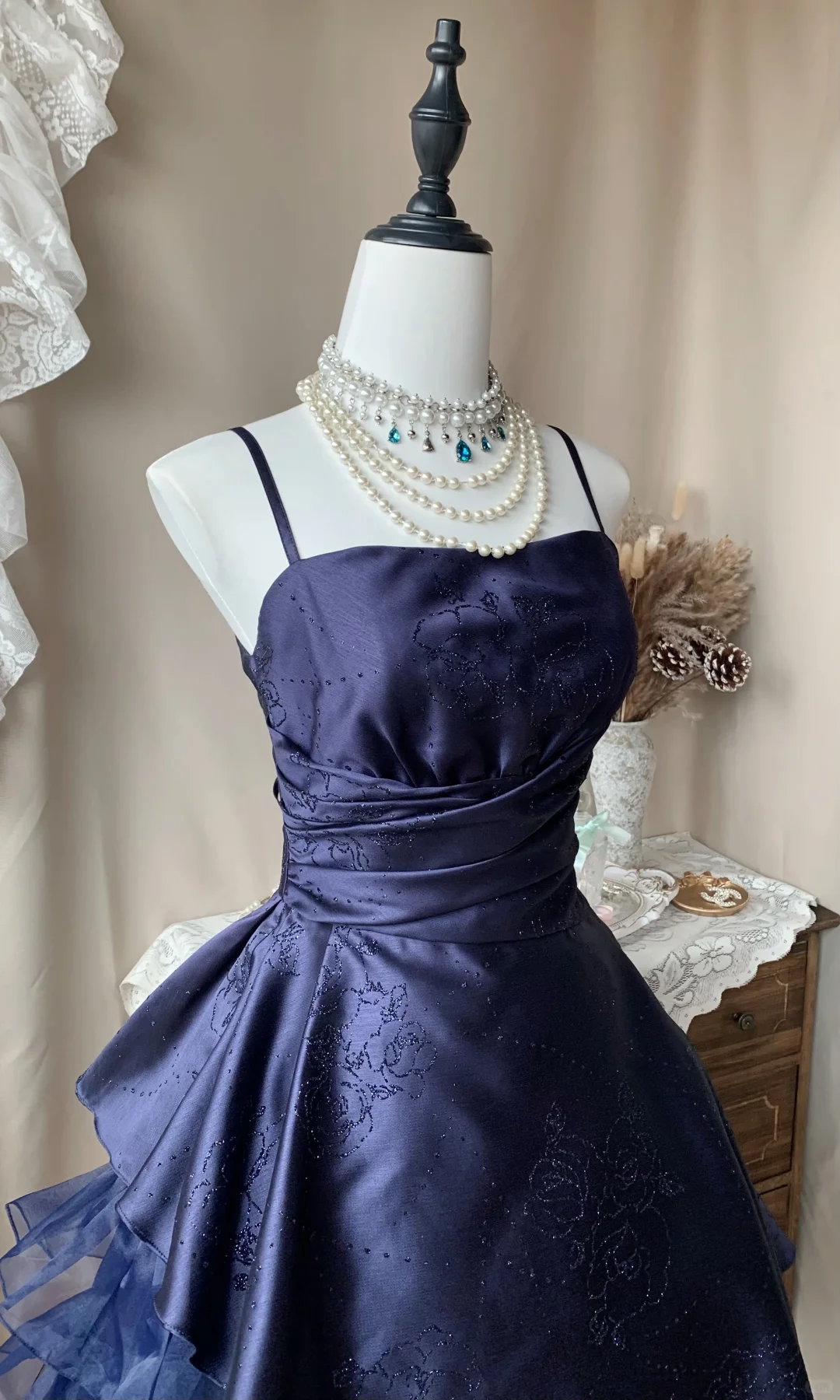 Retro Spaghetti Straps Satin Tulle Beaded Short Birthday Dress,Navy Blue Mini 7th Grade Homecoming Dress D3188