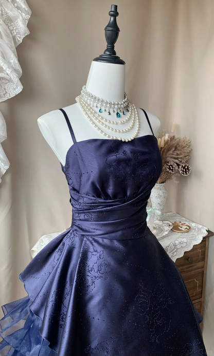 Retro Spaghetti Straps Satin Tulle Beaded Short Birthday Dress,Navy Blue Mini 7th Grade Homecoming Dress D3188