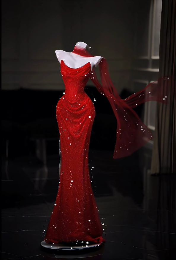 Charming Strapless Red Tulle Sequin Mermaid Long Evening Dress Prom Dresses D5212