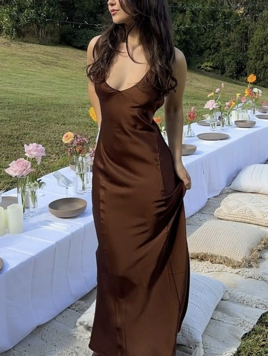 Fashion Brown V Neck Satin Mermaid Long Wedding Guest Dress Bridesmaid Dress D1644