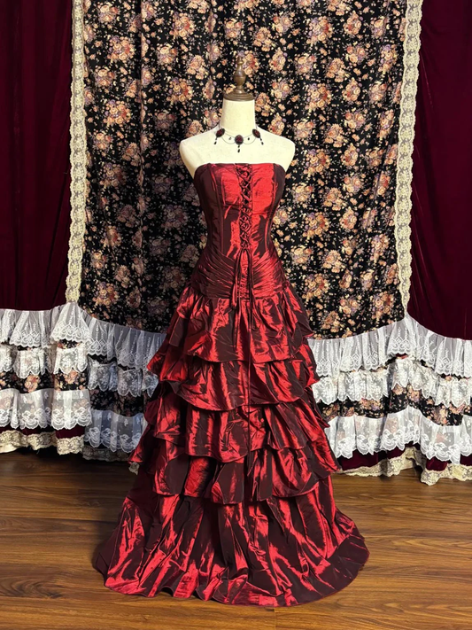 Unique Burgundy Satin Layered Long Party Dress Formal Evening Dress D2017