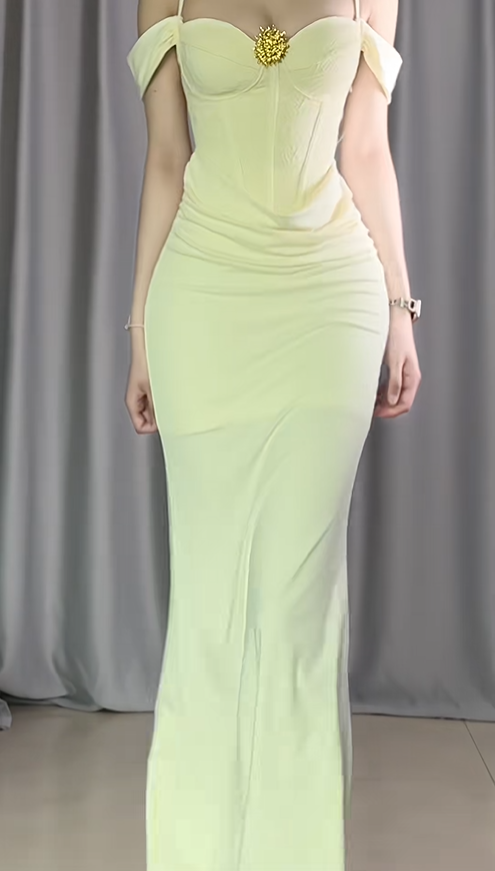 Sweet Yellow Off The Shoulder Satin Mermaid Long Evening Dress Birthday Dress D2488
