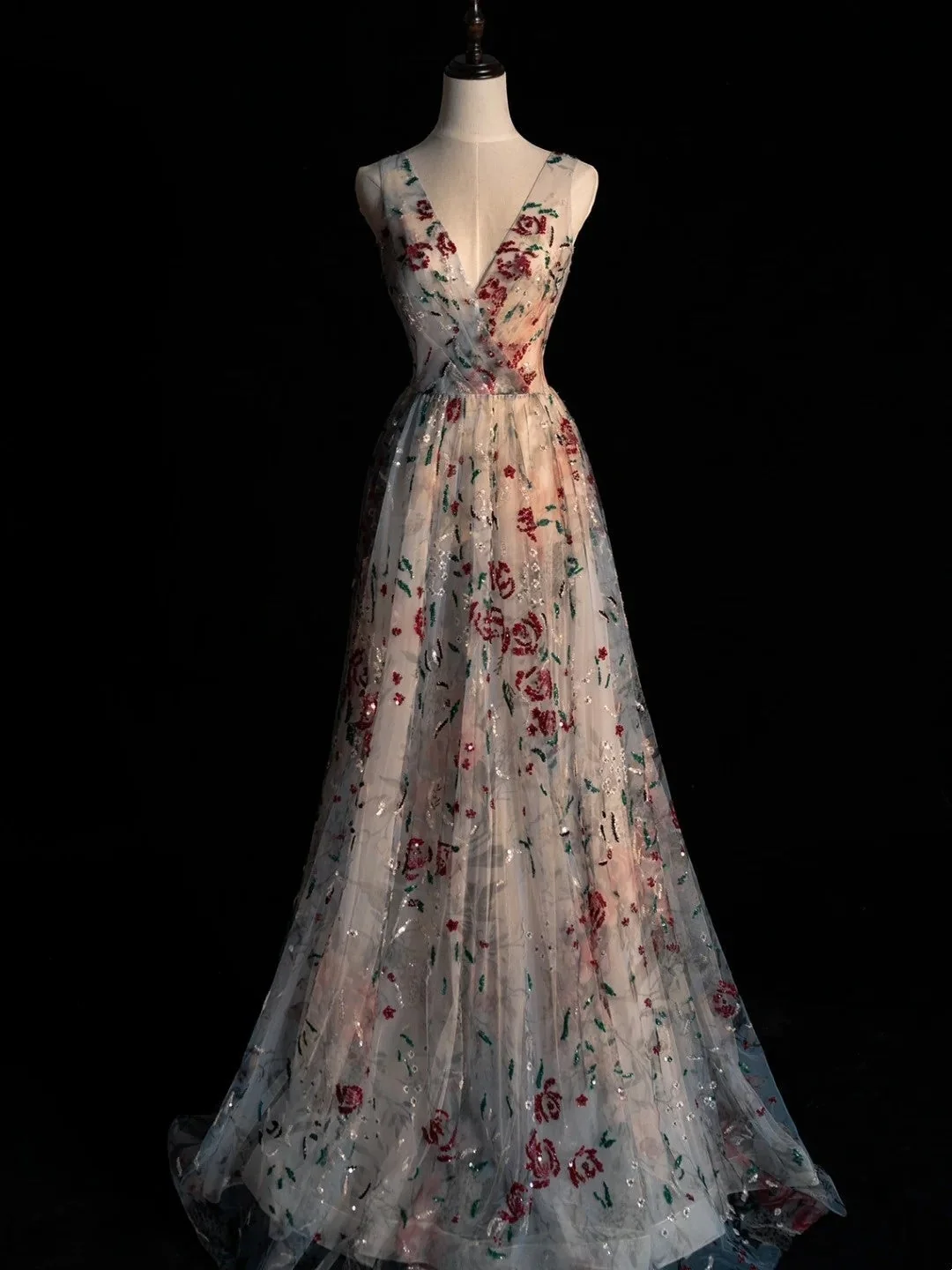 Charming V Neck Floral Tulle Sequin Long Prom Dresses Birthday Evening Dress D4841