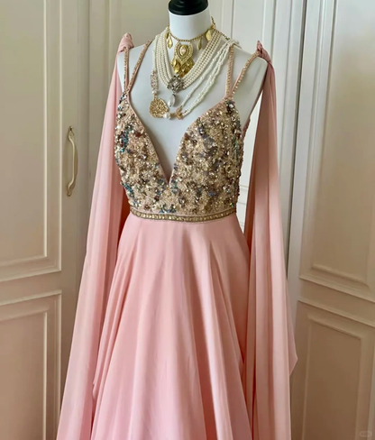 Gorgeous Spaghetti Straps V Neck Chiffon Sequin Beaded Long Wedding Guest Dress,Pink Mermaid Evening Dress D3098