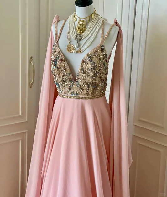 Gorgeous Spaghetti Straps V Neck Chiffon Sequin Beaded Long Wedding Guest Dress,Pink Mermaid Evening Dress D3098