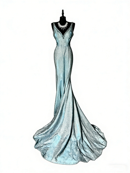 Glitter V Neckline Sequin Beaded Mermaid Party Dress Blue Long Evening Gown D4888