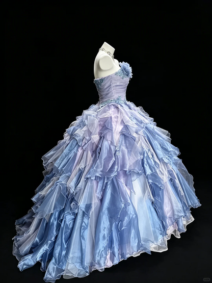 Charming Strapless Blue-purple Tulle Pleated Ruffles Appliques Quinceanera Dress Sweet 15 16 Dress D5274