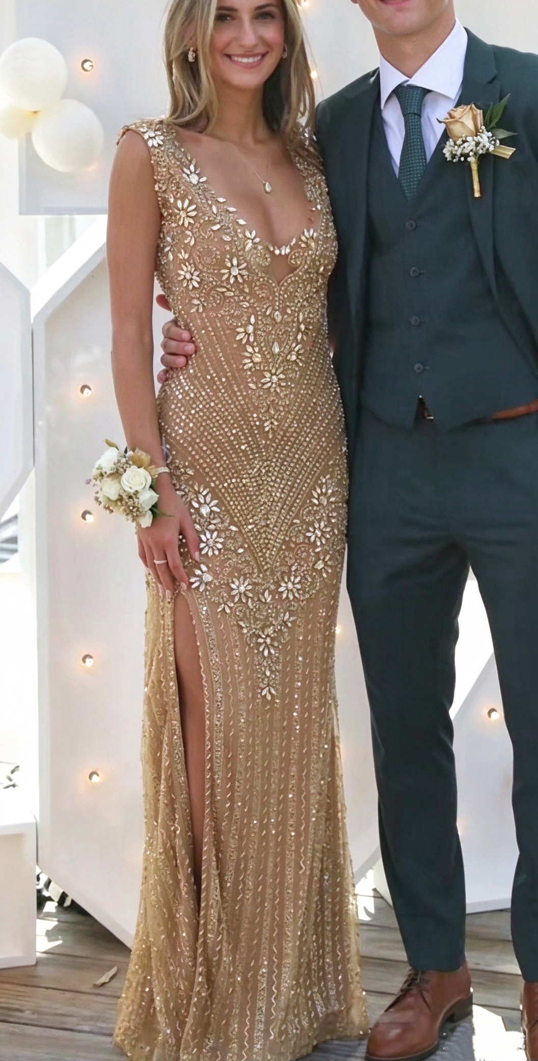Shiny V Neck Champagne Tulle Beaded Slit Mermaid Long Evening Dress Party Gowns D5194