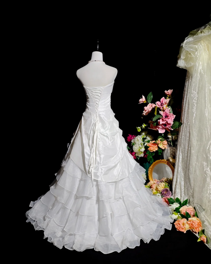 Pretty Strapless White Satin Tulle Beaded Ruffle Layered Mermaid Evening Dress Long Birthday Prom Dress D2375
