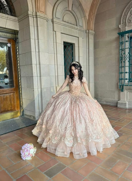 Cute Pink Tulle Lace Appliques Ball Gown Off The Shoulder Princess Sweet 16 Dress Quinceanera Dress D1337