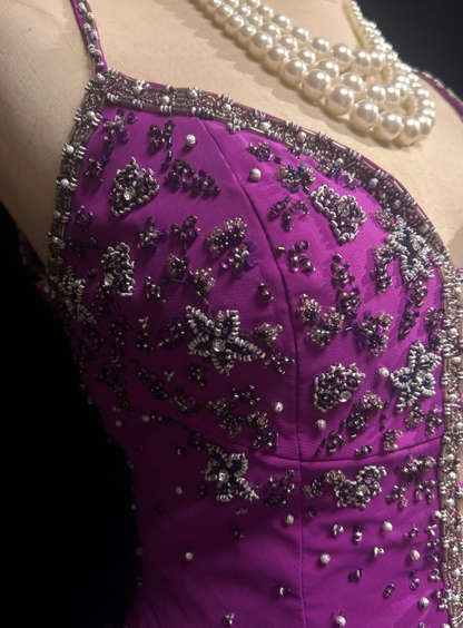 Classy Spaghetti Straps Purple Chiffon Beaded Long Wedding Guest Dress Formal Birthday Prom Dress Party Gown D1937