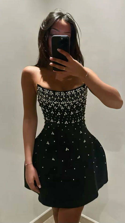 Fashion Black Satin Beaded A Line Short Homecoming Dress Cocktail Dress D3342
