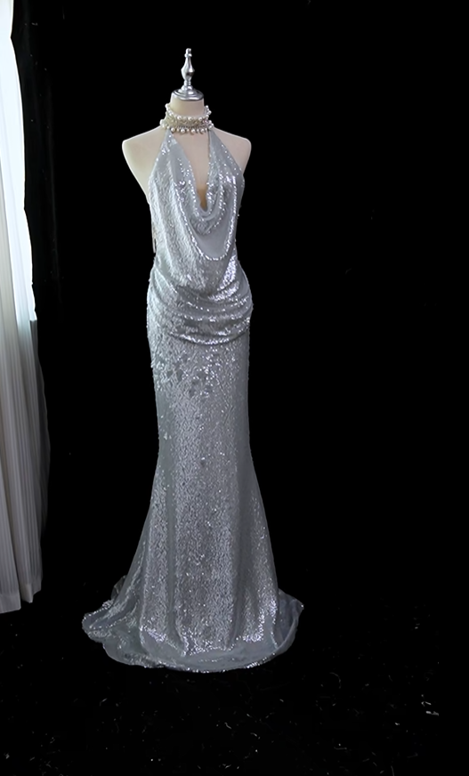 Glamorous Silver Sequin Tassel Mermaid Long Evening Dress Halter Backless Party Dress D5167