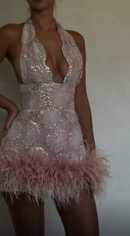 Elegant V Neck Satin Sequin Feathers Short Party Dress Pink Sheath Short Homecoming Dress D4454