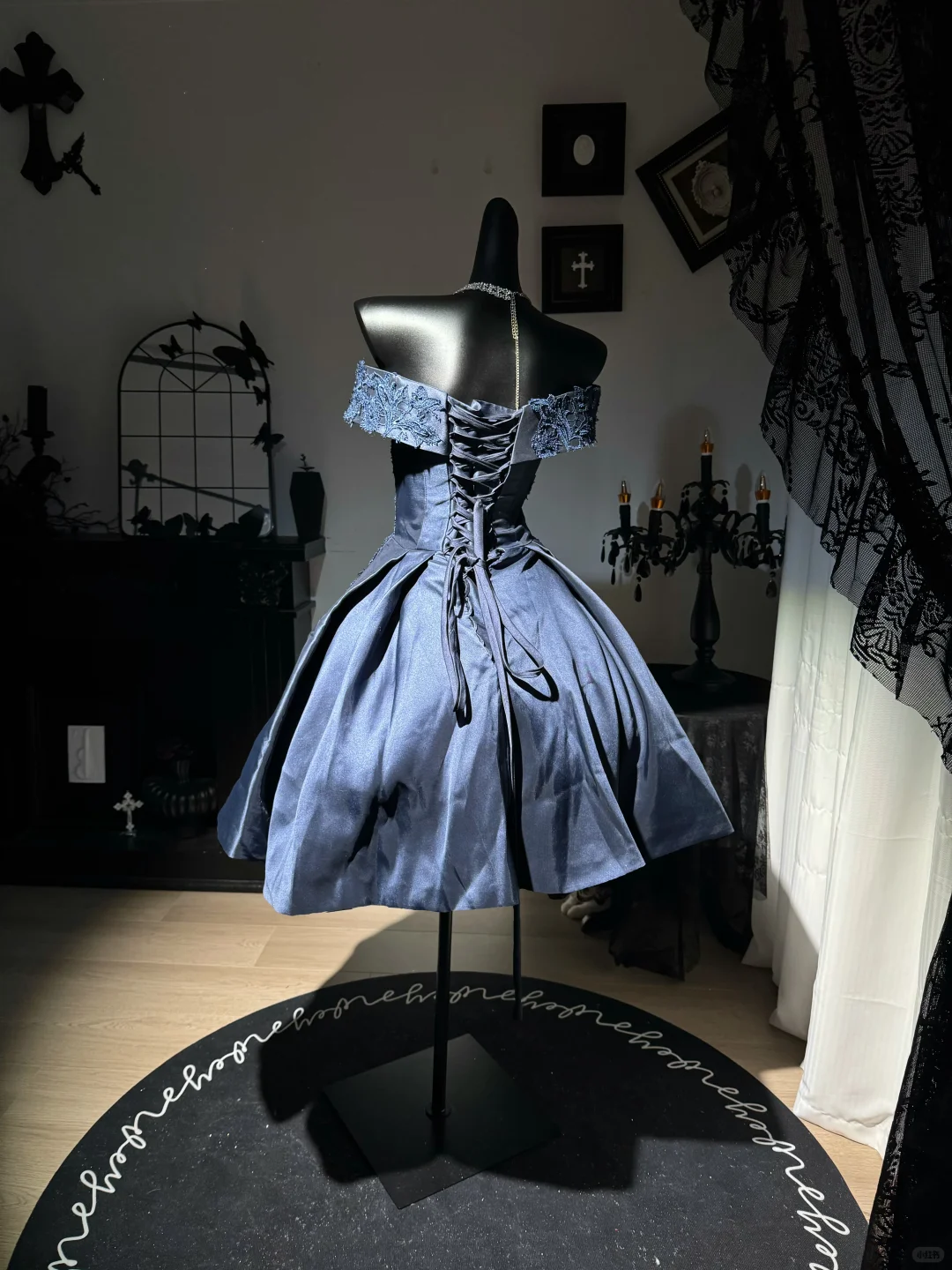Elegant Navy Blue Off The Shoulder Satin Appliques A Line 7th Grade Homecoming Dress Short Prom Dress D3018