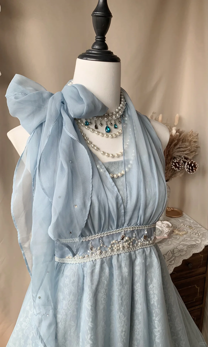 Pretty Halter Blue Chiffon Lace Beaded Short 16th Birthday Outfits,Formal Homecoming Dress D3186