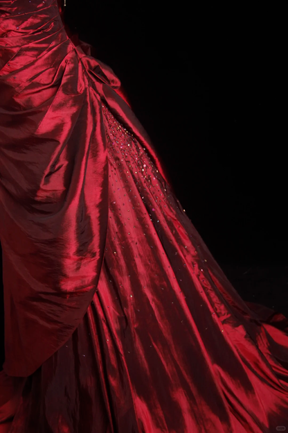 Retro Burgundy Strapless Satin Pleated Beaded Long Prom Dress Evening Gown D2856