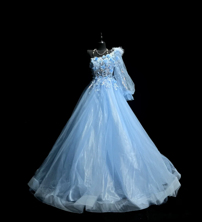 Pretty One Shoulder Blue Tulle Appliques Long Party Dress Formal Evening Dresses D1828