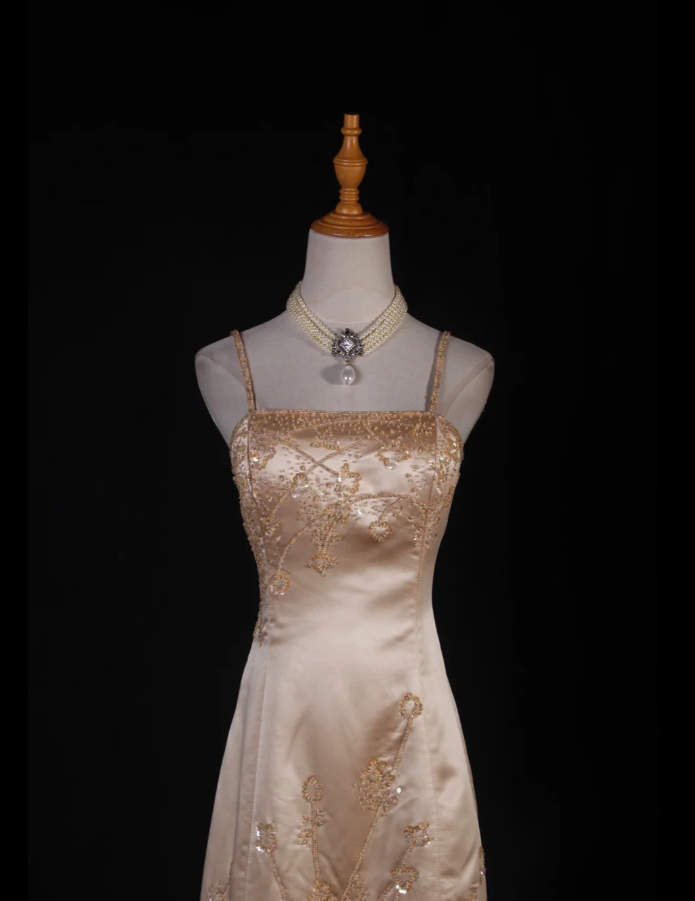 Fashion Spaghetti Straps Gold Satin Beaded Mermaid  Long Party Dress Evening Dress D2249