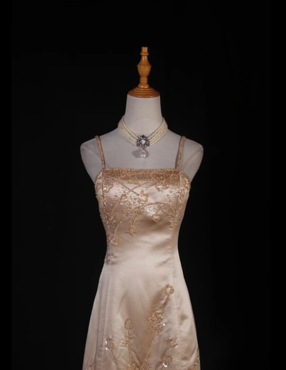 Fashion Spaghetti Straps Gold Satin Beaded Mermaid  Long Party Dress Evening Dress D2249
