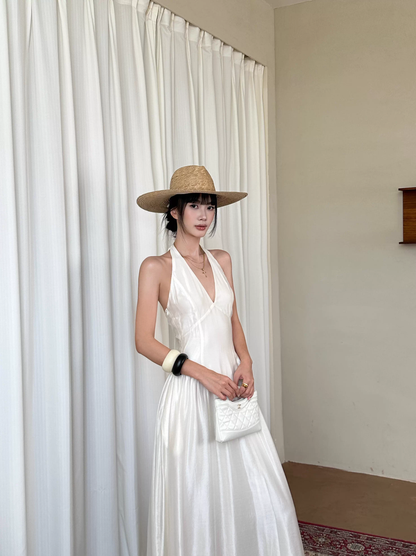 Sexy Halter V Neck White A Line Long Party Dress Formal Evening Gown D2121