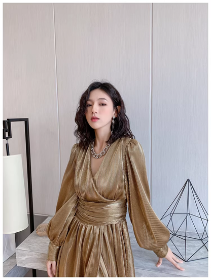 Unique Gold V Neck Satin Pleated Slit A Line Long Evening Dress Formal Wedding Guest Dress D2433