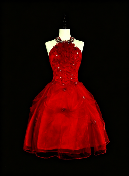 Charming Halter Red Satin Tulle Beaded A Line Short Homecoming Dress Birthday Dress D4048