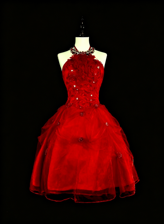 Charming Halter Red Satin Tulle Beaded A Line Short Homecoming Dress Birthday Dress D4048