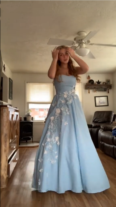 Pretty Strapless Blue Satin Appliques A Line Long Party Dress Birthday Prom Dress D4981