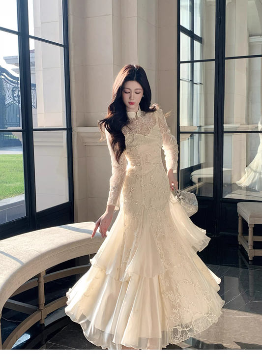 Pretty Beige Tulle Lace Mermaid Long Evening Dress Birthday Prom Dress D2181